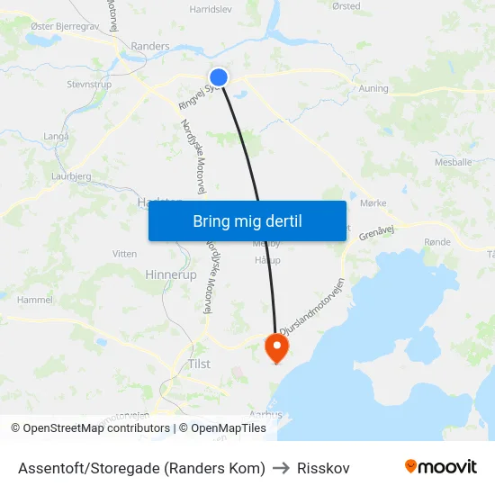 Assentoft/Storegade (Randers Kom) to Risskov map