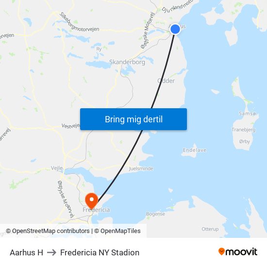 Aarhus H to Fredericia NY Stadion map