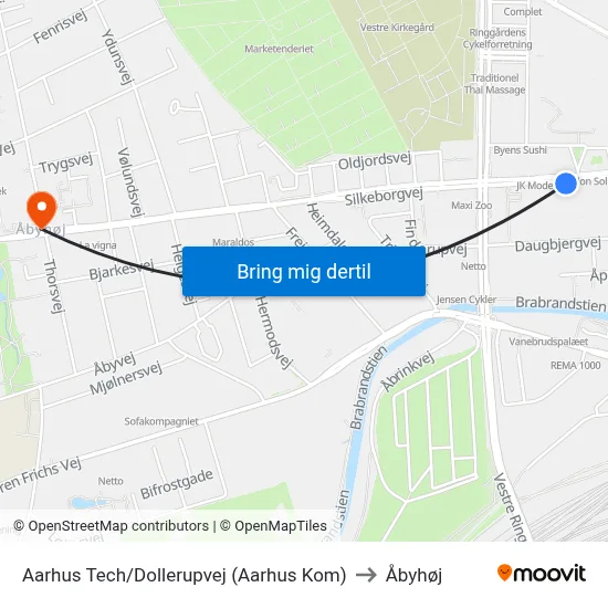Aarhus Tech/Dollerupvej (Aarhus Kom) to Åbyhøj map