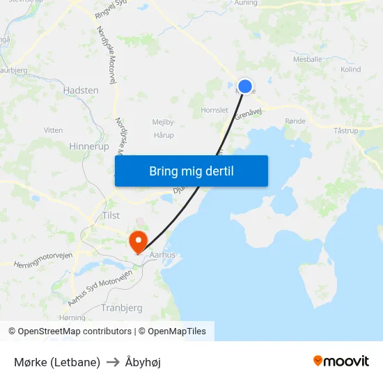 Mørke (Letbane) to Åbyhøj map