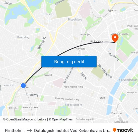 Flintholm St. to Datalogisk Institut Ved Københavns Universitet map