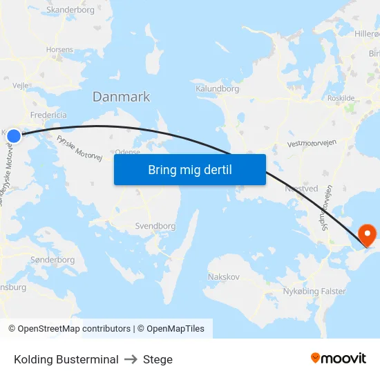 Kolding Busterminal to Stege map