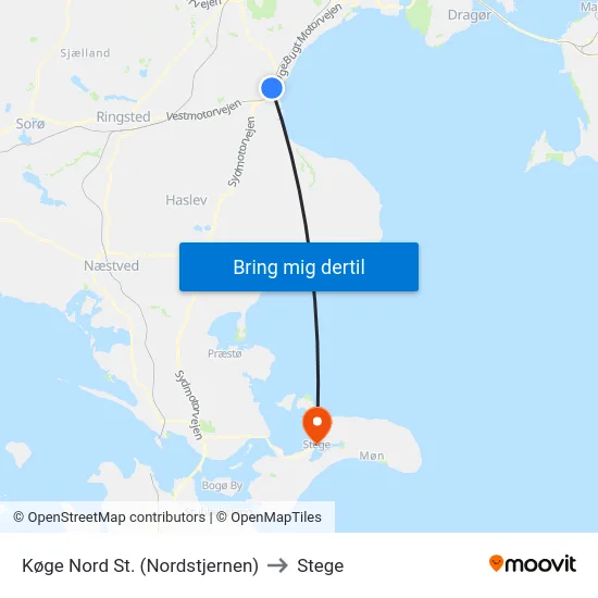 Køge Nord St. (Nordstjernen) to Stege map