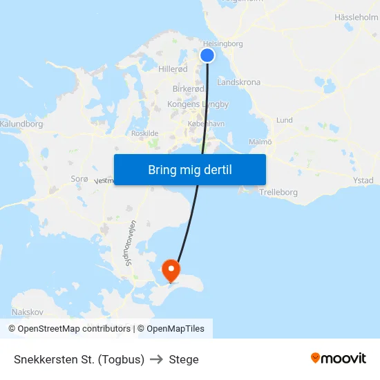 Snekkersten St. (Togbus) to Stege map