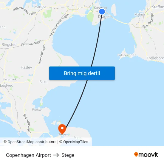 Copenhagen Airport to Stege map