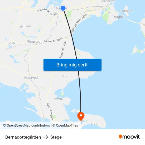 Bernadottegården to Stege map