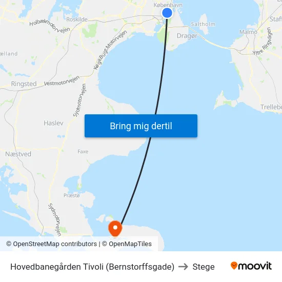 Hovedbanegården Tivoli (Bernstorffsgade) to Stege map