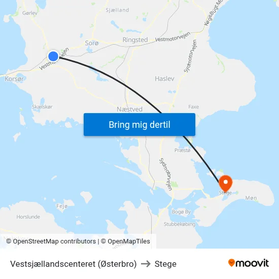 Vestsjællandscenteret (Østerbro) to Stege map