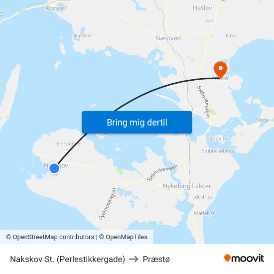 Nakskov St. (Perlestikkergade) to Præstø map