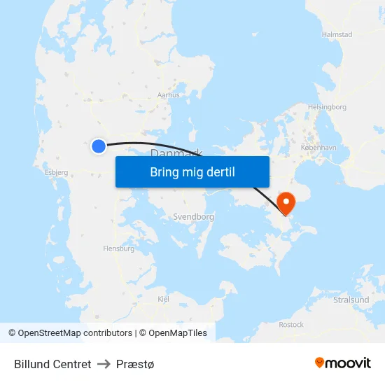Billund Centret to Præstø map