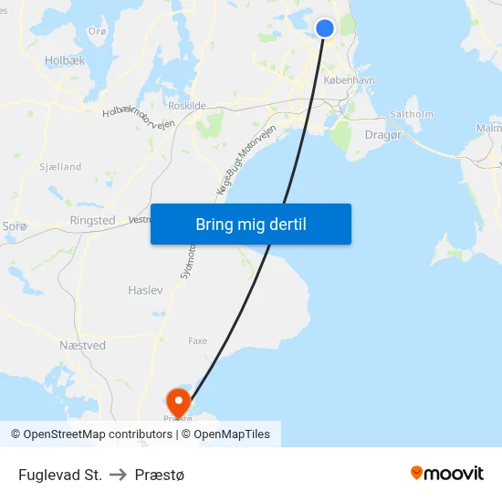 Fuglevad St. to Præstø map