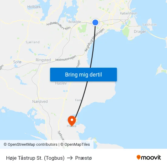 Høje Tåstrup St. (Togbus) to Præstø map