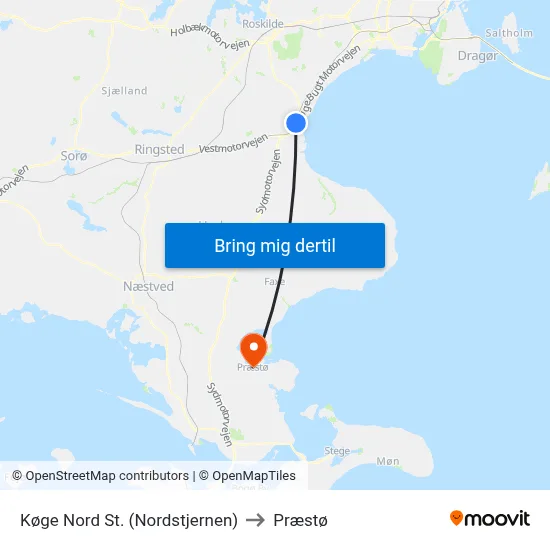 Køge Nord St. (Nordstjernen) to Præstø map