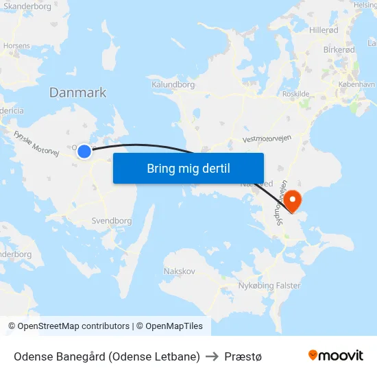 Odense Banegård (Odense Letbane) to Præstø map