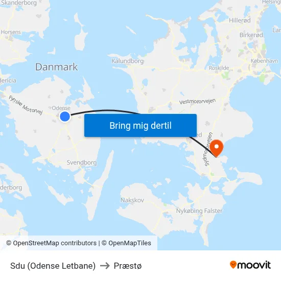 Sdu (Odense Letbane) to Præstø map