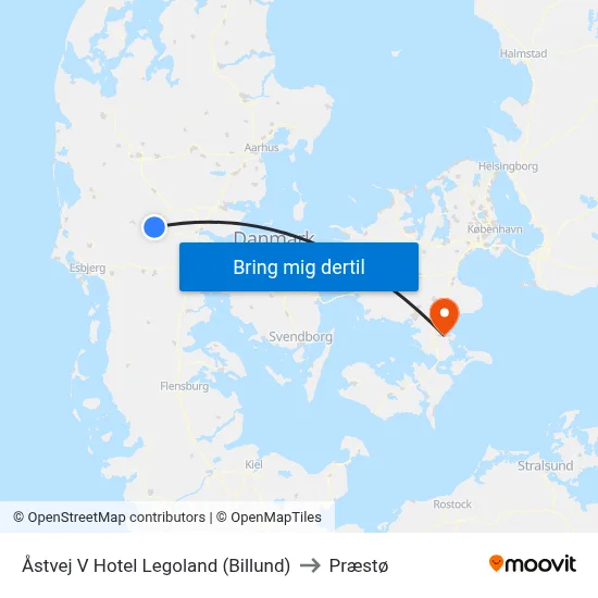 Åstvej V Hotel Legoland (Billund) to Præstø map