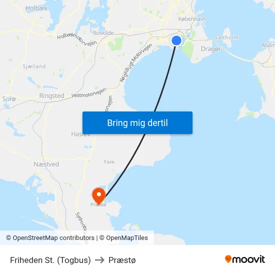 Friheden St. (Togbus) to Præstø map