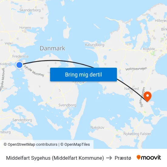 Middelfart Sygehus (Middelfart Kommune) to Præstø map