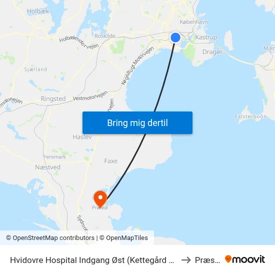 Hvidovre Hospital Indgang Øst (Kettegård Allé) to Præstø map