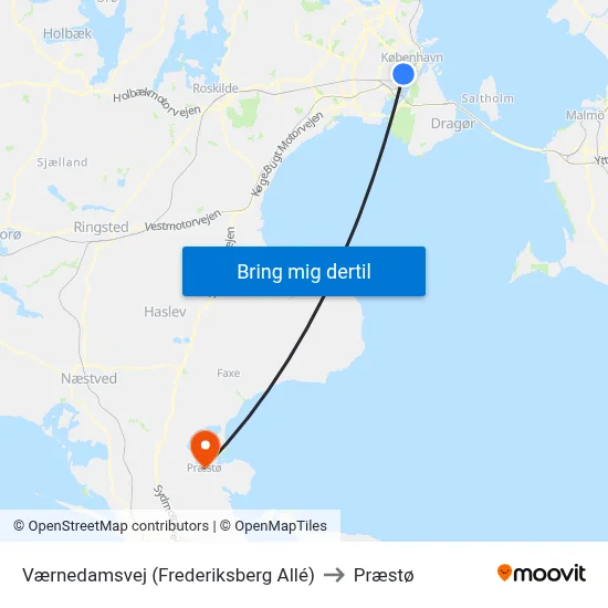 Værnedamsvej (Frederiksberg Allé) to Præstø map
