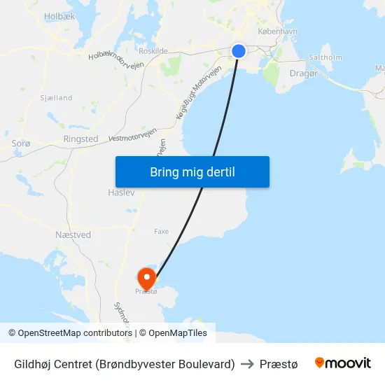 Gildhøj Centret (Brøndbyvester Boulevard) to Præstø map