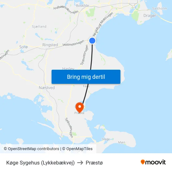 Køge Sygehus (Lykkebækvej) to Præstø map