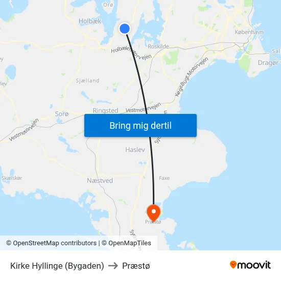Kirke Hyllinge (Bygaden) to Præstø map