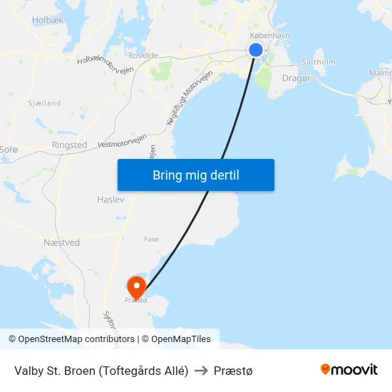Valby St. Broen (Toftegårds Allé) to Præstø map