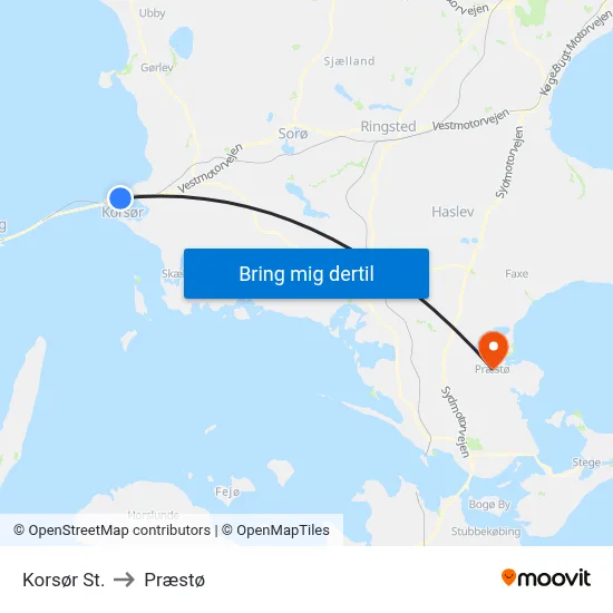 Korsør St. to Præstø map