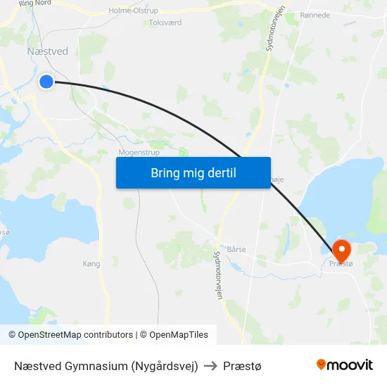 Næstved Gymnasium (Nygårdsvej) to Præstø map