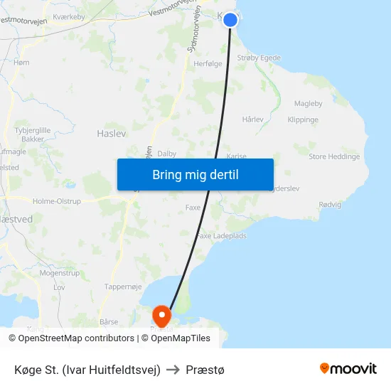 Køge St. (Ivar Huitfeldtsvej) to Præstø map