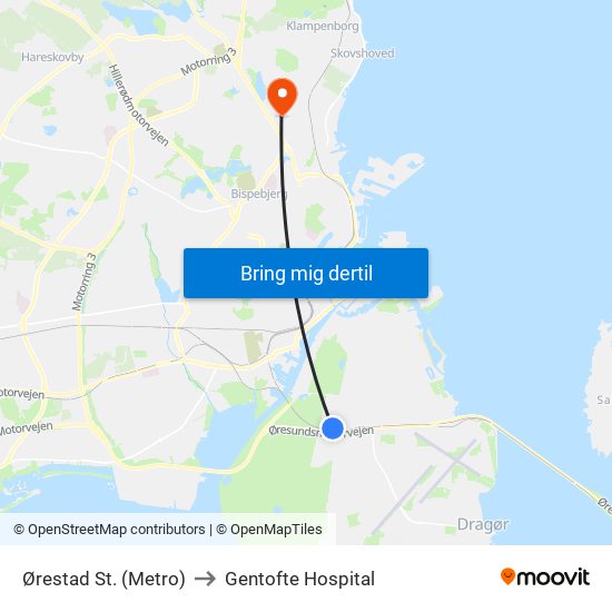 Ørestad St. (Metro) to Gentofte Hospital map