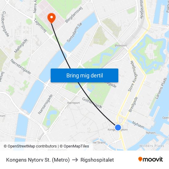 Kongens Nytorv St. (Metro) to Rigshospitalet map