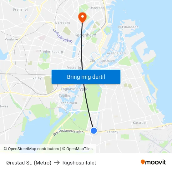 Ørestad St. (Metro) to Rigshospitalet map