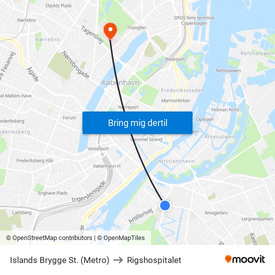 Islands Brygge St. (Metro) to Rigshospitalet map