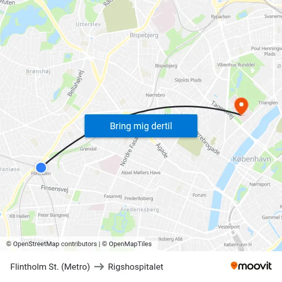Flintholm St. (Metro) to Rigshospitalet map