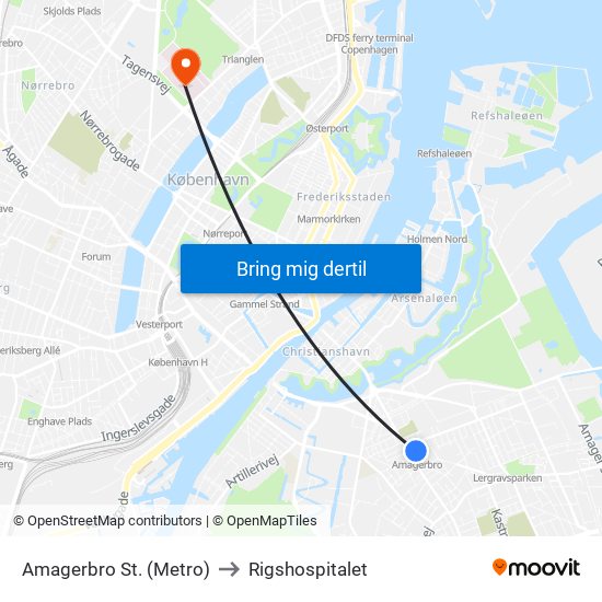 Amagerbro St. (Metro) to Rigshospitalet map