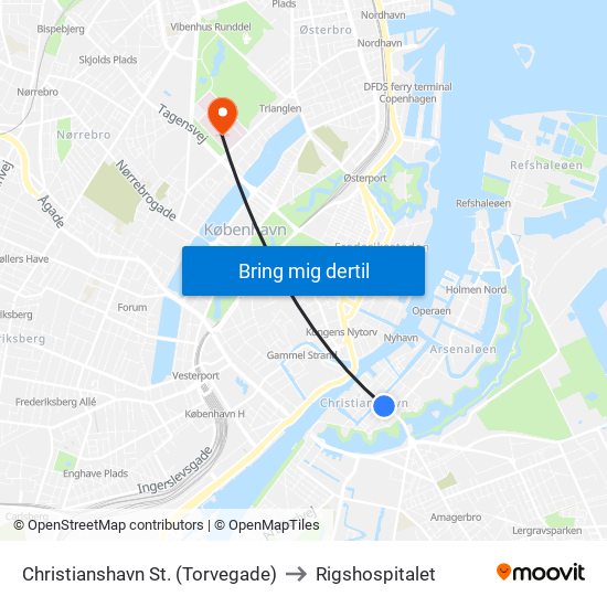 Christianshavn St. (Torvegade) to Rigshospitalet map