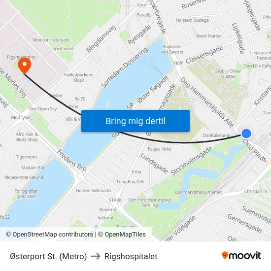 Østerport St. (Metro) to Rigshospitalet map