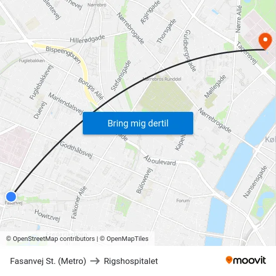 Fasanvej St. (Metro) to Rigshospitalet map