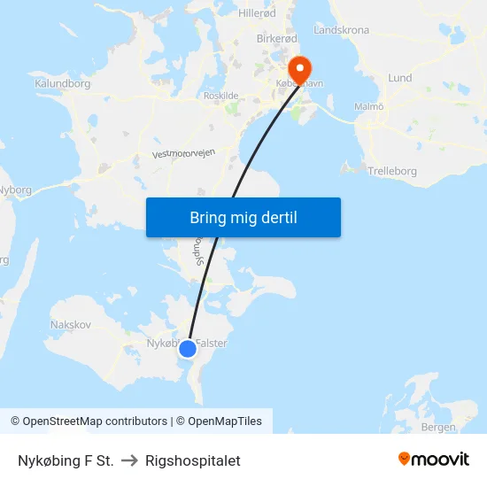 Nykøbing F St. to Rigshospitalet map