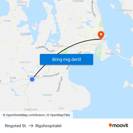 Ringsted St. to Rigshospitalet map