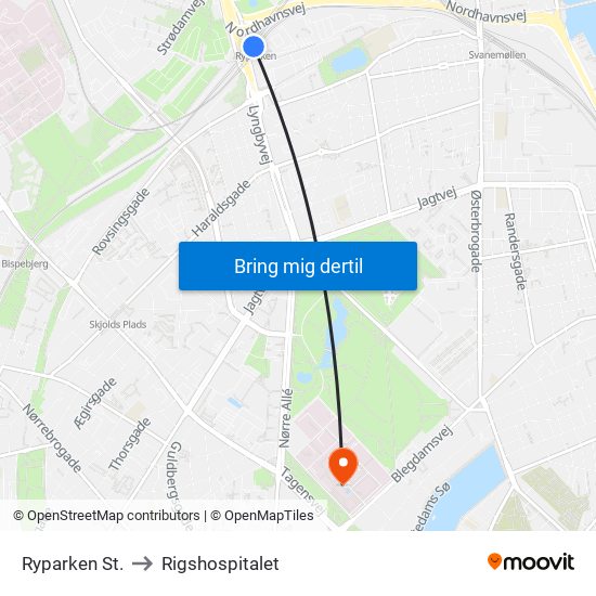 Ryparken St. to Rigshospitalet map