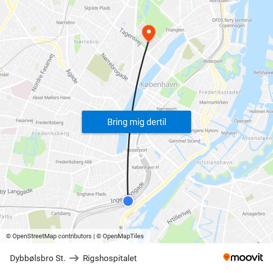 Dybbølsbro St. to Rigshospitalet map