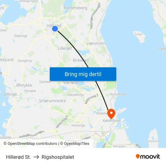 Hillerød St. to Rigshospitalet map
