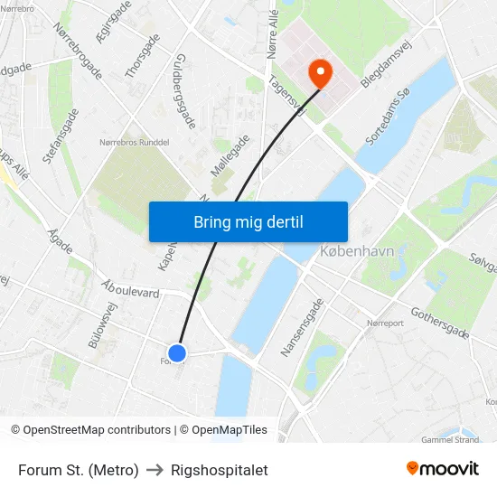 Forum St. (Metro) to Rigshospitalet map