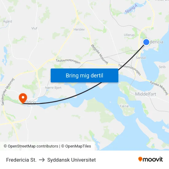 Fredericia St. to Syddansk Universitet map