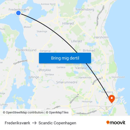 Frederiksværk to Scandic Copenhagen map