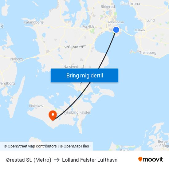 Ørestad St. (Metro) to Lolland Falster Lufthavn map