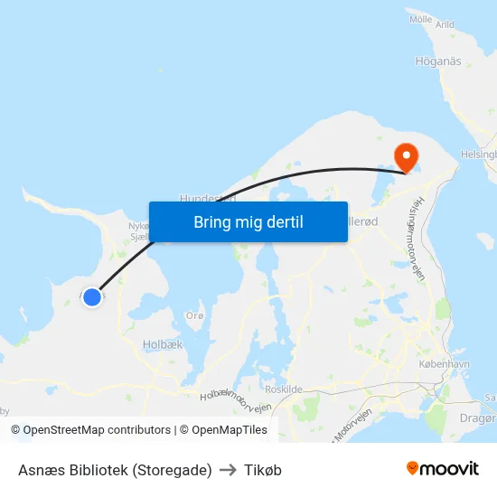 Asnæs Bibliotek (Storegade) to Tikøb map
